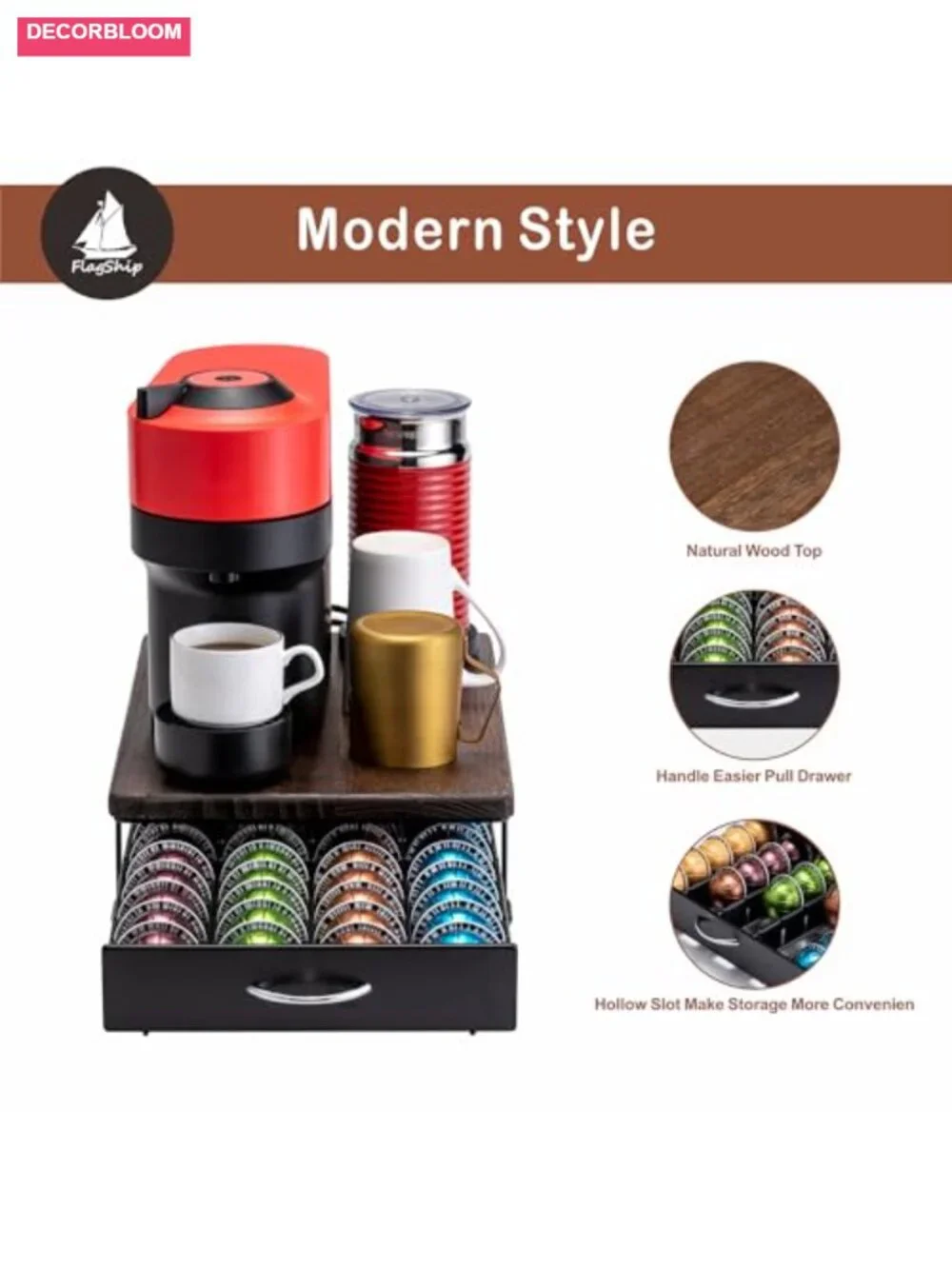 Coffee Pod Drawer Organizer - Holds 40 Pods, Wood Top with Iron Frame